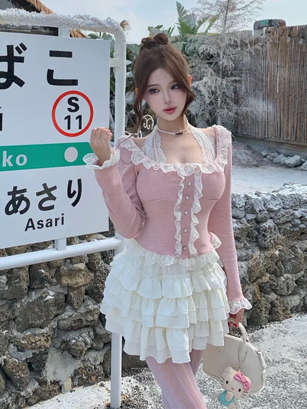 

Уникальная красивая кружевная футболка с длинным рукавом во французском стиле, приталенная, однотонная, зимняя, модная, для молодых женщин