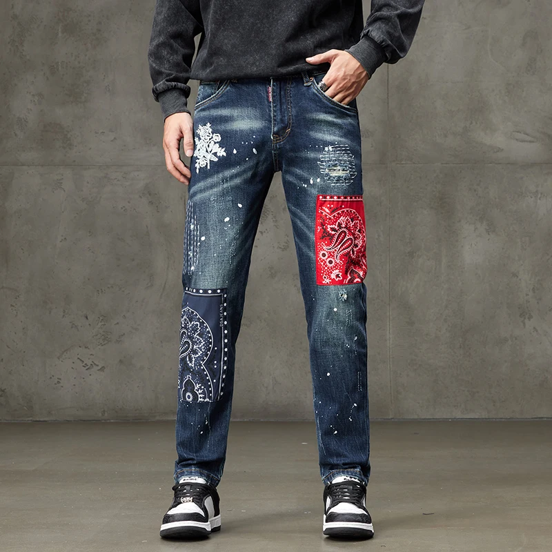 

Fall and winter tide retro personality patch patch Slim small straight leg pants heavy embroidery gang handsome men's models