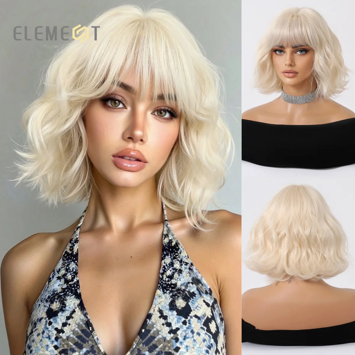 

Платиновый блондин, золотой короткий боб, волнистый синтетический парик с челкой для женщин, термостойкие текстурированные волосы для повседневной и вечерней укладки