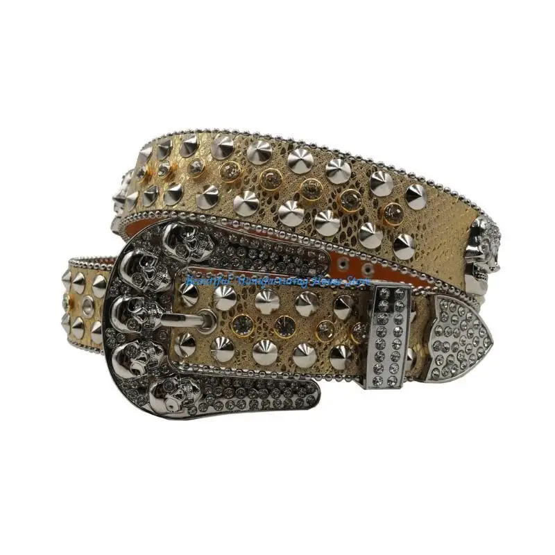 E56A Elegant Waist Belt Studded Rhinestones Grommet for Street Dance Rivets Belt Livehouse Punk Waist Chain Skull Buckle