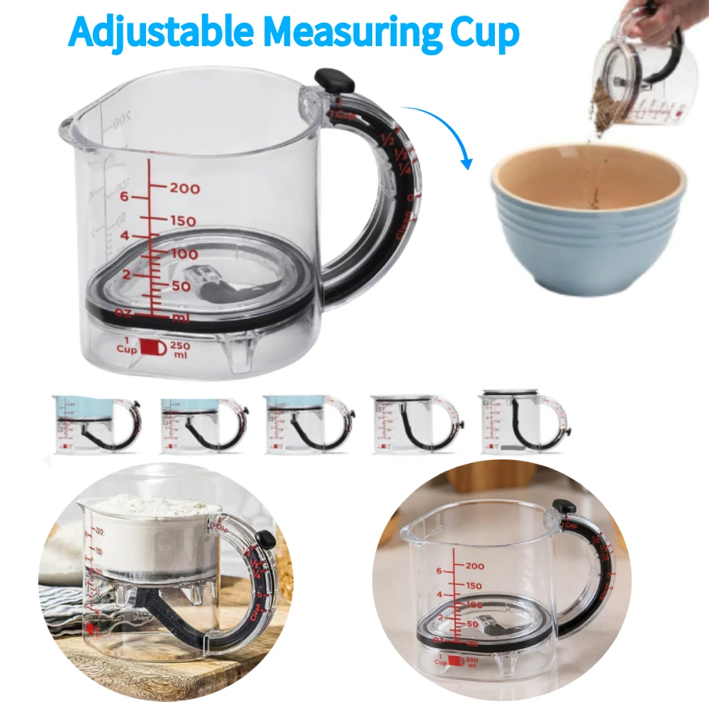 كوب قياس قابل للتعديل مع قاعدة ختم على شكل مكشطة، كوب قياس متعدد الوظائف، كوب حساب قابل للتعديل للطهي