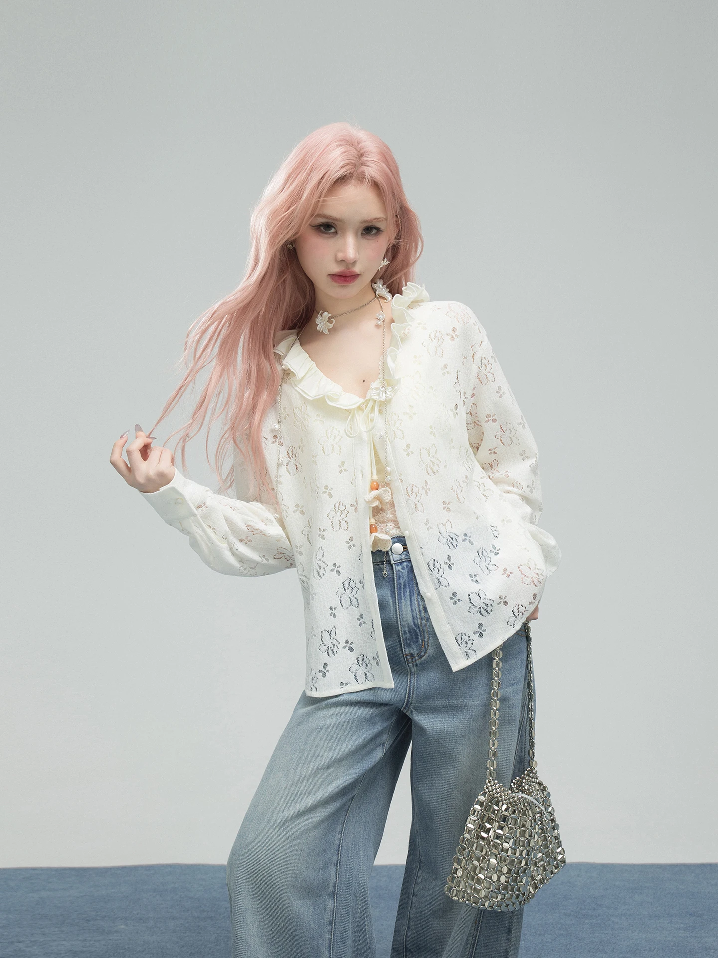 

ONEOFUUU Oxygen Permeable Lace Splice irt nut Pear White Button Detail Loose Fit Long Sve Women's Korean Sle irt