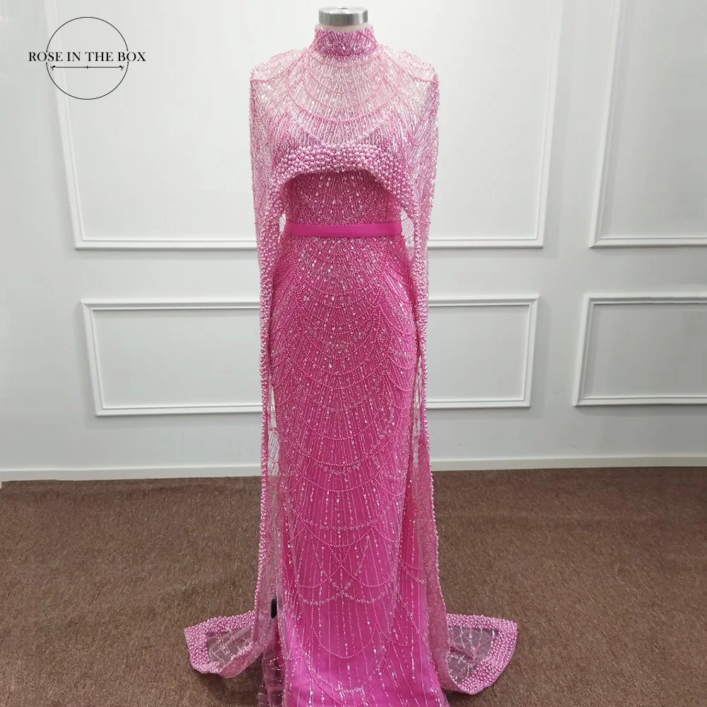 2024 Luxury Dubai Evening Dresses with Cape Heavy Pearls Fuchsia Formal Occasion Dresses for Women Arabic Wedding Party Gowns