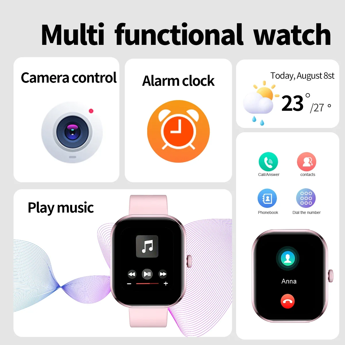 2026 Smart Watch with Wireless Calling, Weather Forecast & Sports Mode, DIY Wallpaper SMS Alerts Silicone Strap for Men Women - view 5