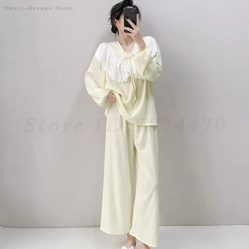 

2025 Spring New Pajama Set Women's Home Clothes 2Pcs Long Sleeve Shirt&trouser Sleep Set Sexy V-Neck Sleepwear Loose Nightwear