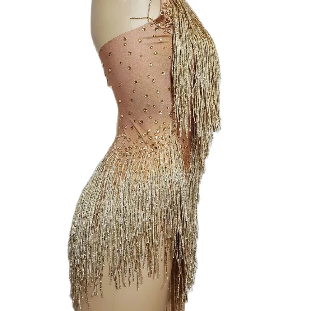 Body Sexy con cuello Halter y borlas de diamantes de imitación dorados brillantes para mujer, trajes de cantante de escenario de tela latina de Jazz, ropa para Bar y DJ