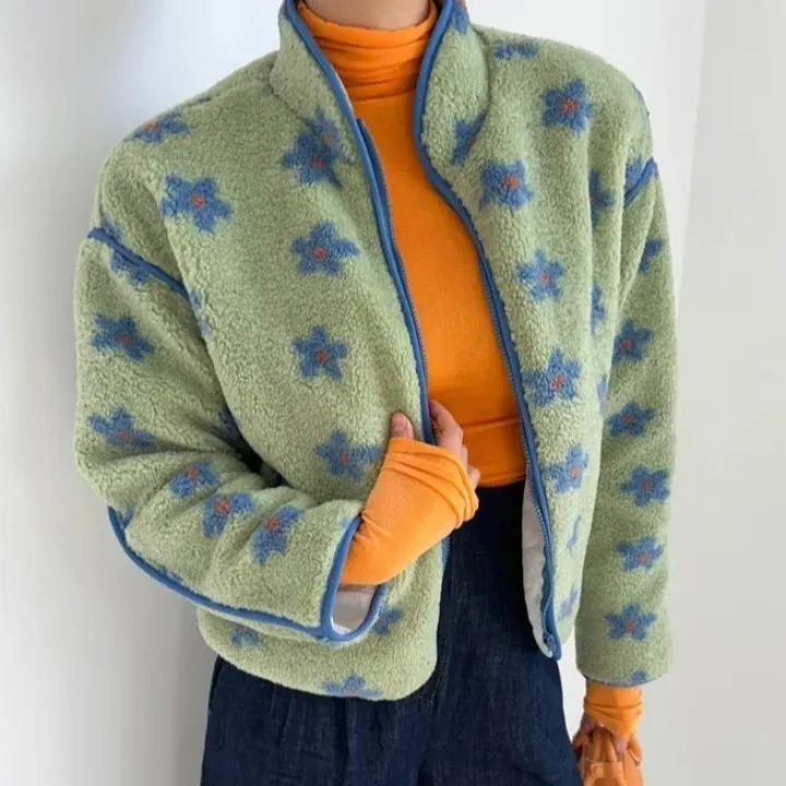 เสื้อโค้ทผู้หญิงสไตล์วินเทจหวานๆ ลายดอกไม้ตัดสีขนเฟอร์  ผ้าฝ้ายซิป  สำหรับฤดูใบไม้ร่วงและฤดูหนาว