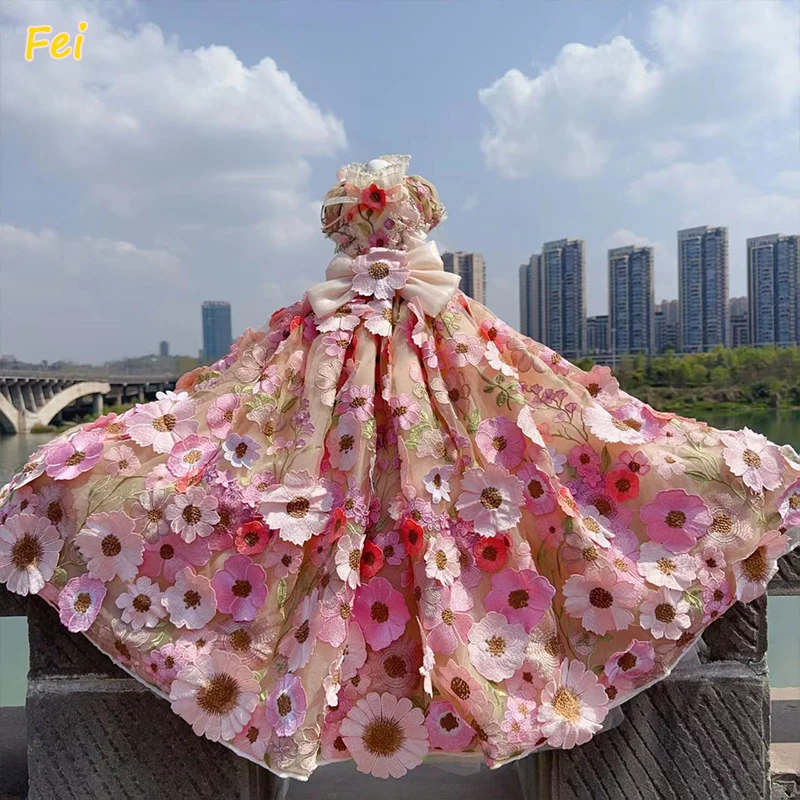 

Designer Floral Dog Dress Handmade 3D Sunflower Lace Princess Flounce Boutique Gown for Teacup-M Chihuahua Puppy Wedding