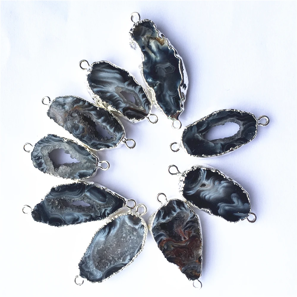 Natural Black Brazilian Agates Slice Pendants Connectors Irregular Raw Druzy Silvers Stones Pendants For DIY Jewelry Making 5PCS