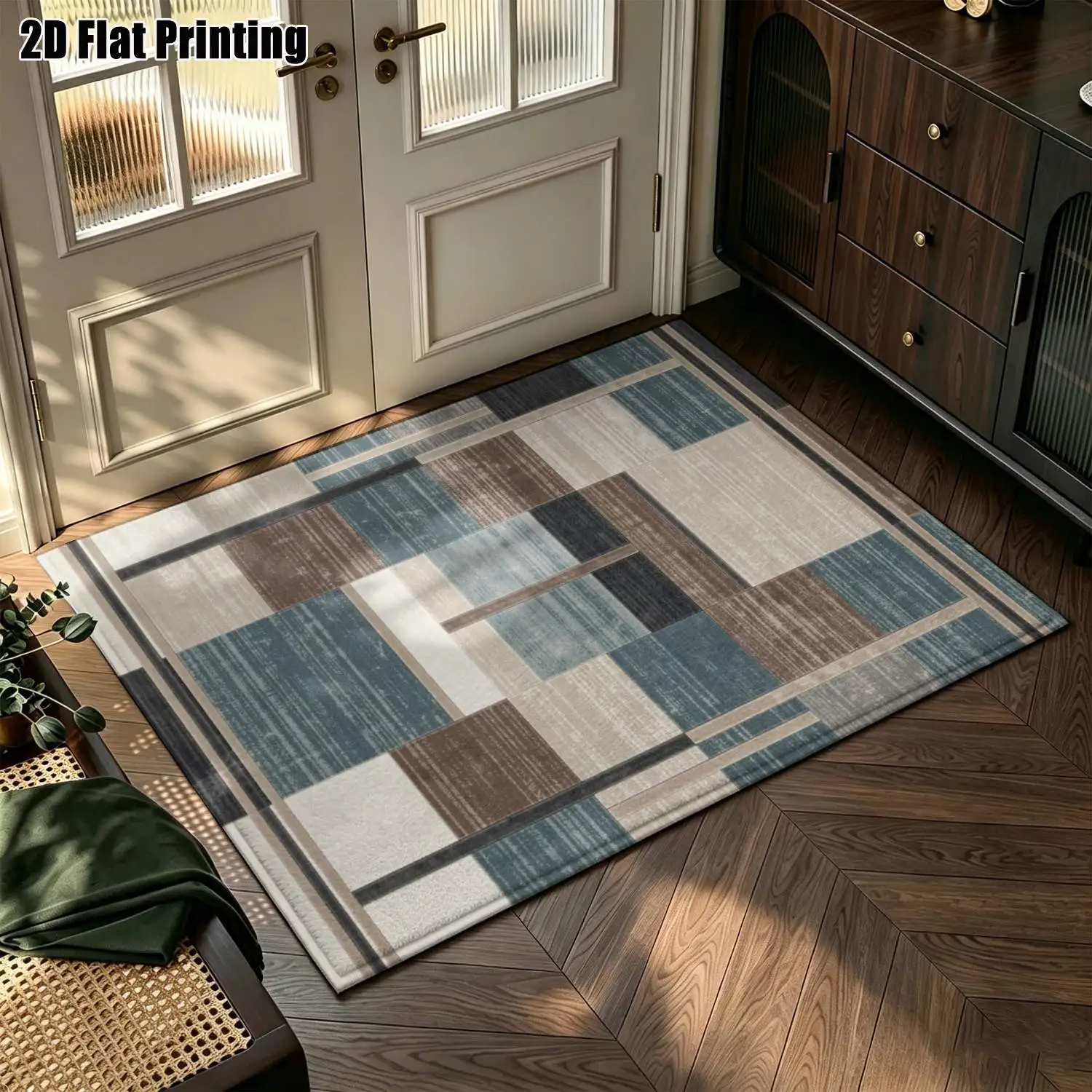 1Pc 2D Printed Blue-Grey Geometric Striped Nordic Modern Minimalist Home Carpet, Multiple Sizes, Machine Washable, Suitable for Entrance, Living Room, Bedroom, Dining Room, Foyer