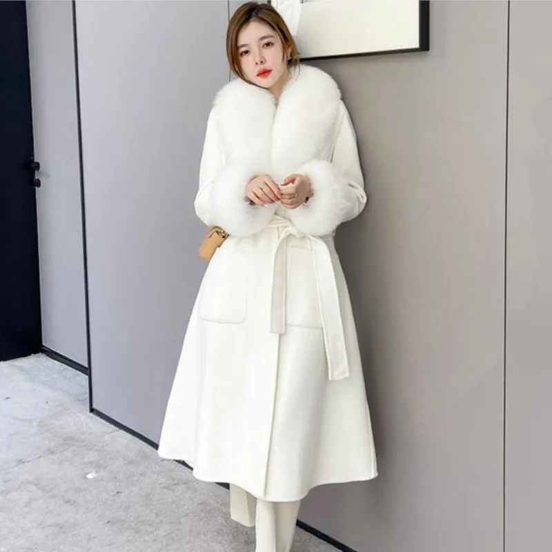 ZDFURS*Double-Sided Cashmere Woolen Coat Women\'s Winter Double-Faced Woolen Goods Temperament Fox Fur Collar Fur Coat Mid-Length