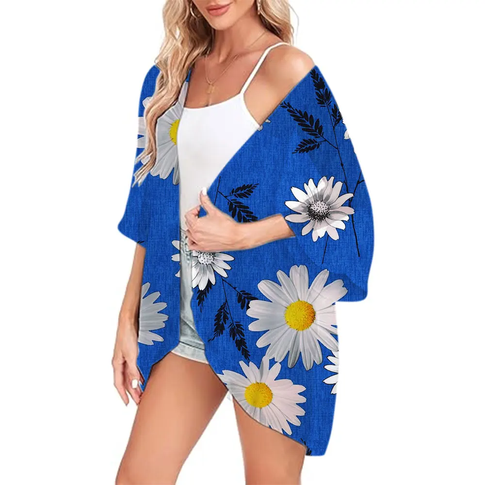 Elegancki szyfonowy strój kąpielowy peleryny kwiatowy Print Kimono Cover Up Cardigan Shirt Tops Fashion Casual Resort Wear strój kąpielowy bluzka