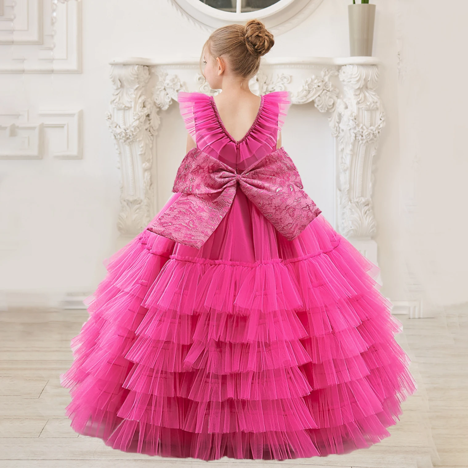 Elegante vestido sem costas com grande arco para meninas, vestidos de princesa, dama de honra, tule, casamento, baile, aniversário, primeira comunhão