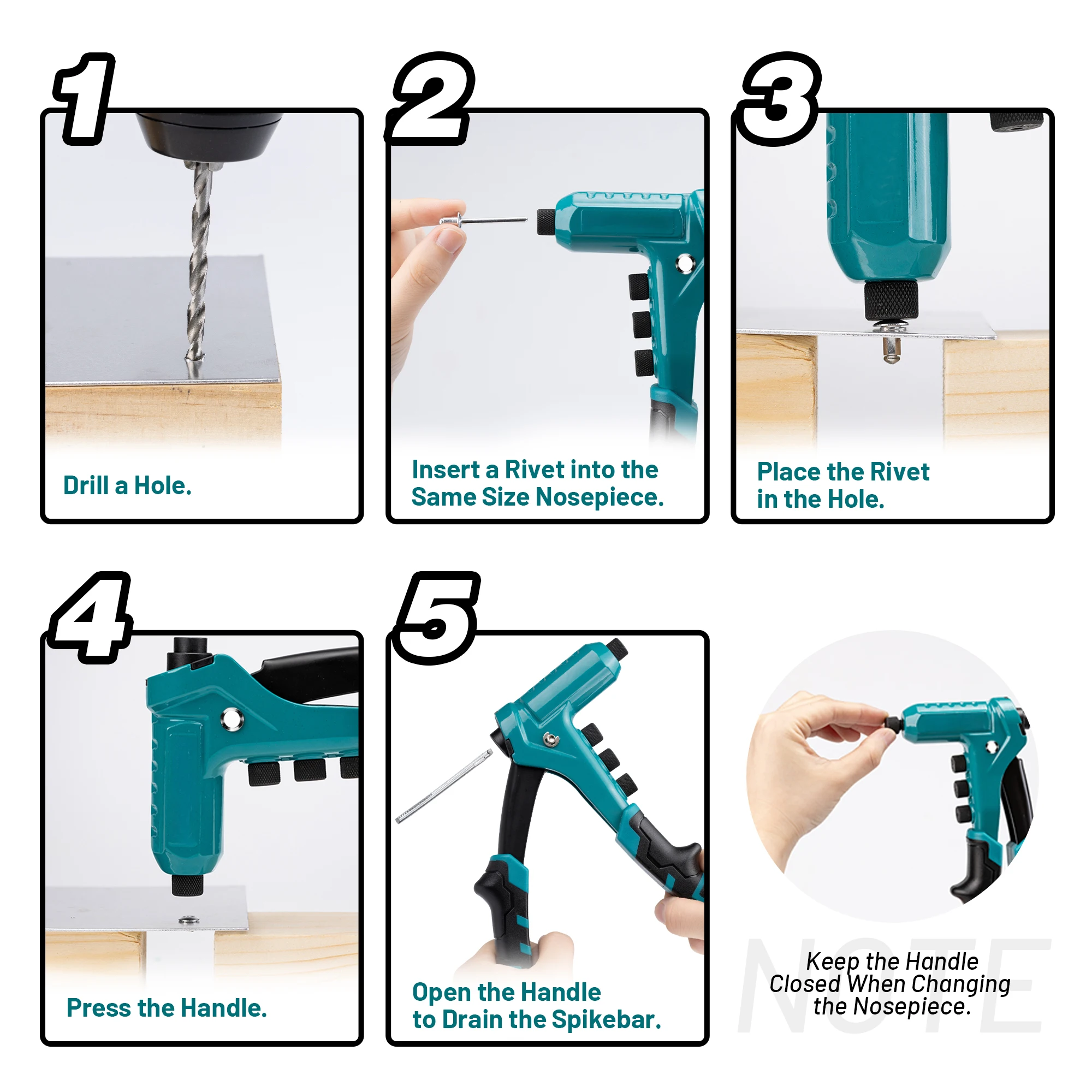 Rivet Gun Kit for Metalworking One-Handed Professional Hand Riveter Manual Riveting Tool with 200 Rivets  4 Drill Bits 4 Heads