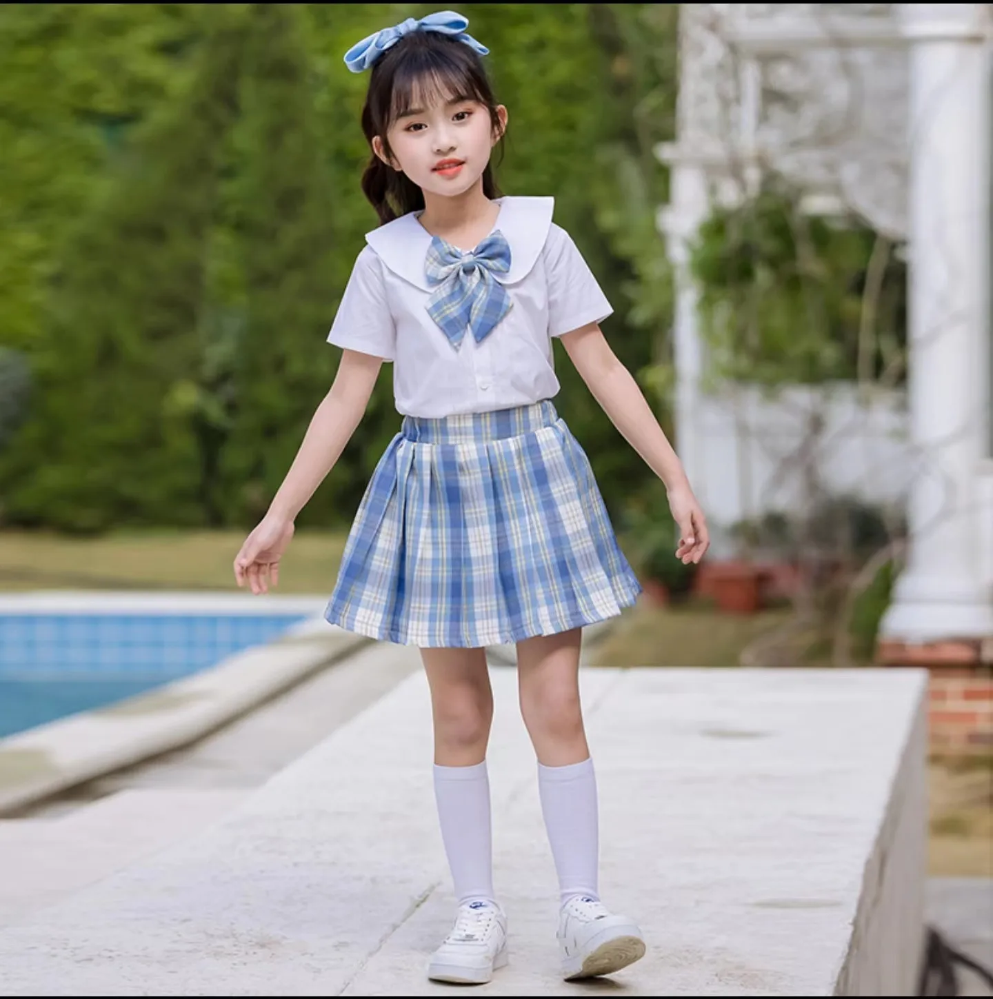 2026 summer new girls sailor short white bowknot T shirt blouse + jk plaid pleated skirt suit teenager children set 4 12 year
