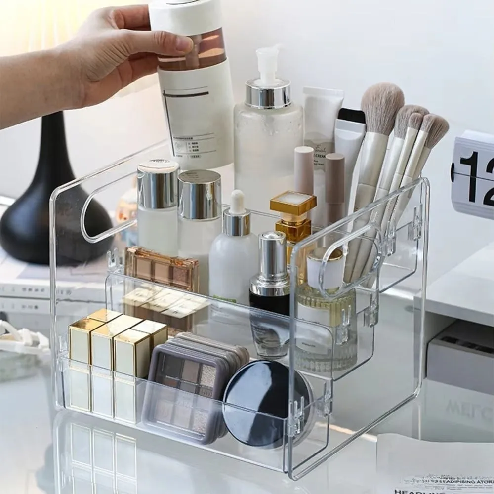 

Прозрачный косметический органайзер с тремя ярусами, большой вместимости, с откидной крышкой и ручкой