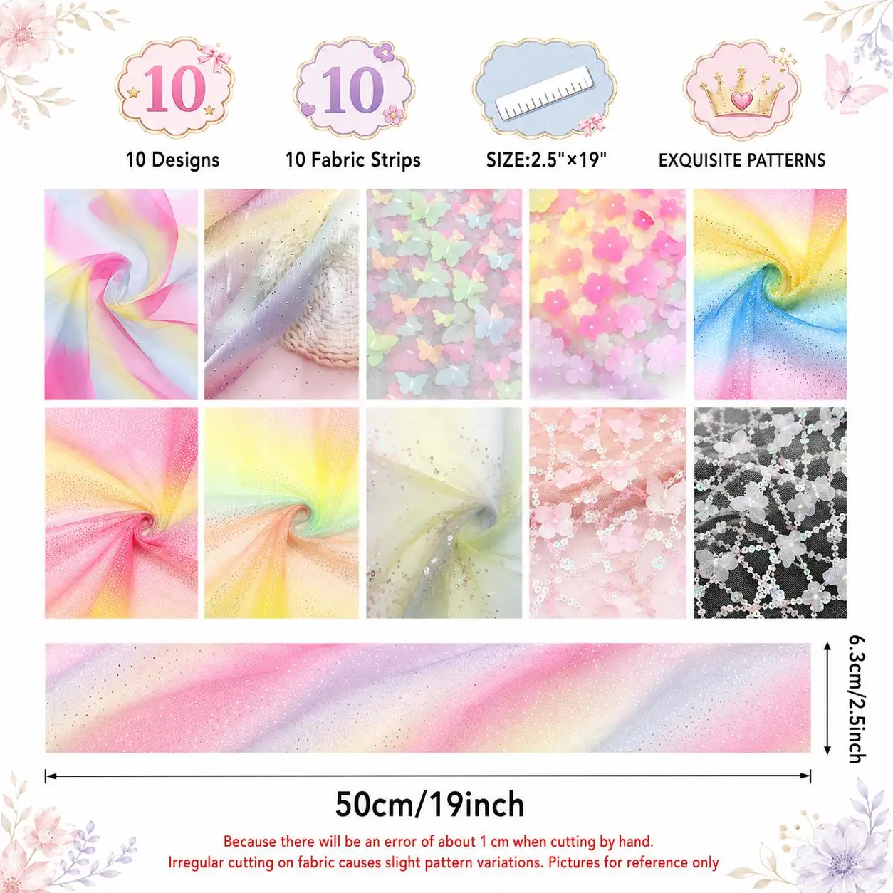 10pcs Butterfly Mesh Gauze Jelly Roll Fabric Strips 2.5X19.7inch Pre-cut Polyester for Patchwork Quilts, Table Runners Placemats
