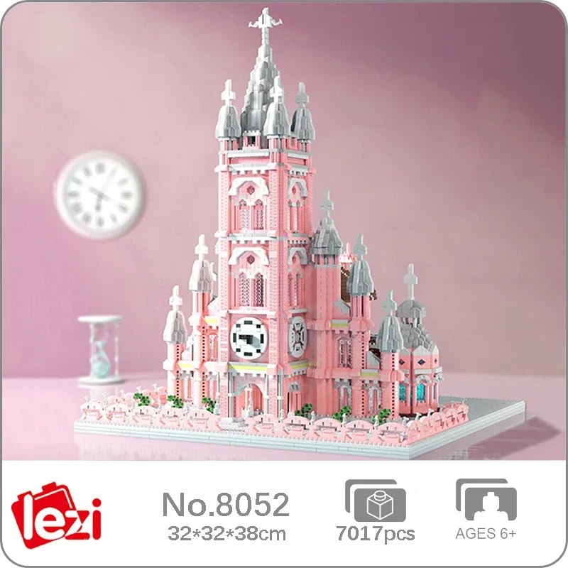 

Lezi 8052 World Architecture Danang Cathedral Pink Church Clock Tower Palace DIY Mini Diamond Blocks Bricks Building Toy No Box