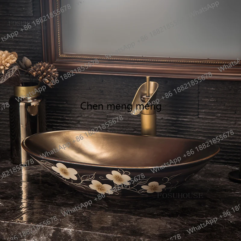 

Ретро-раковины для ванной комнаты с узором, овальные умывальники, бытовые керамические раковины, накладные раковины, креативные аксессуары для ванной комнаты