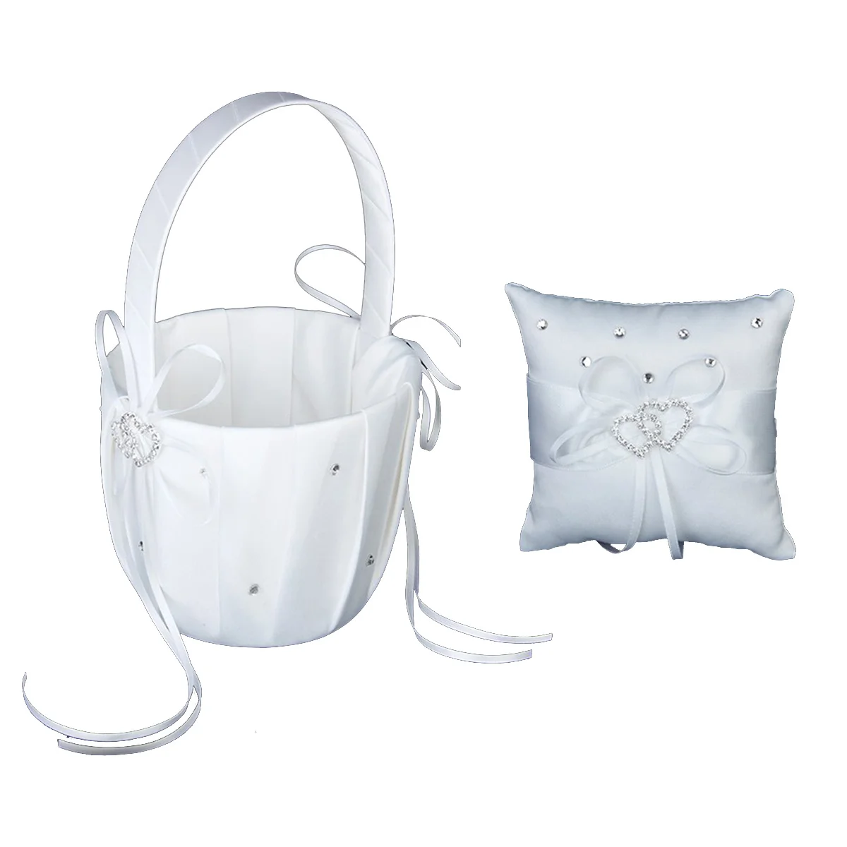 الأبيض 15X15 سم وسادة خاتم الساتان تألق حجر الراين مزدوجة القلب مشبك لحفل الزفاف سلة للزهور