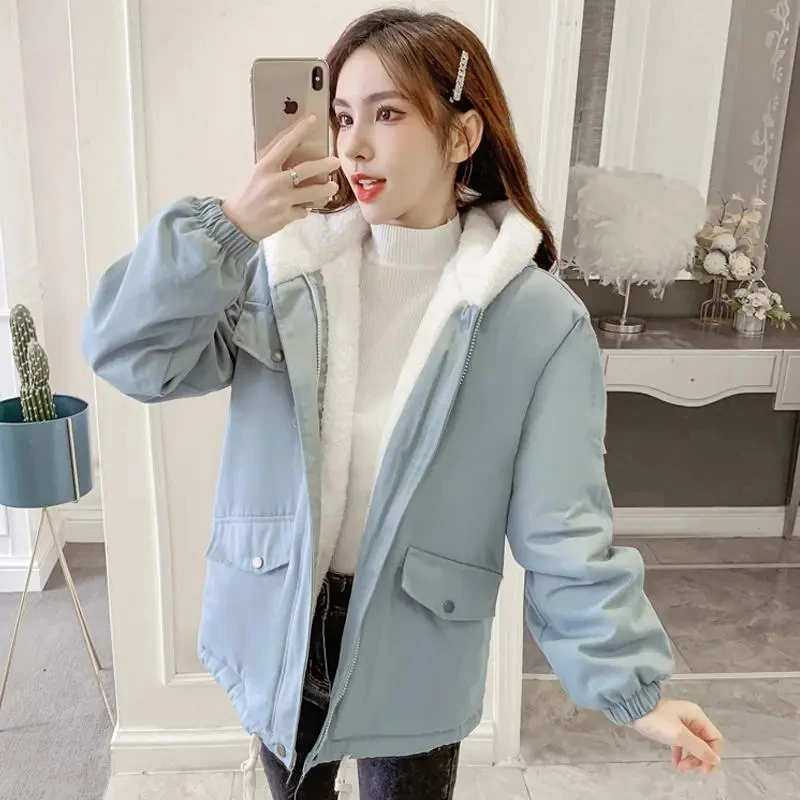 

Imitation Lamb Wool Coat Womens 2022 Winter New Plus Velvet Thick Tooling Cotton Clothes Fashion All-match Hooded Cotton Jacket