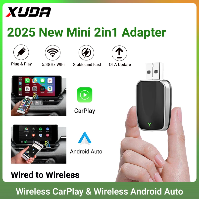

XUDA Новый мини-адаптер проводного к беспроводному CarPlay и Android Auto 2в1 подходит для 99% оригинальных автомобилей с проводным carplay/авто