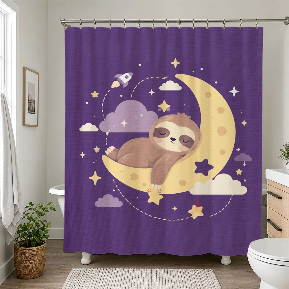 Cute Sloth Moon Night Sky Shower Curtain Bathroom Decor Purple Cartoon Animal Shower Curtain