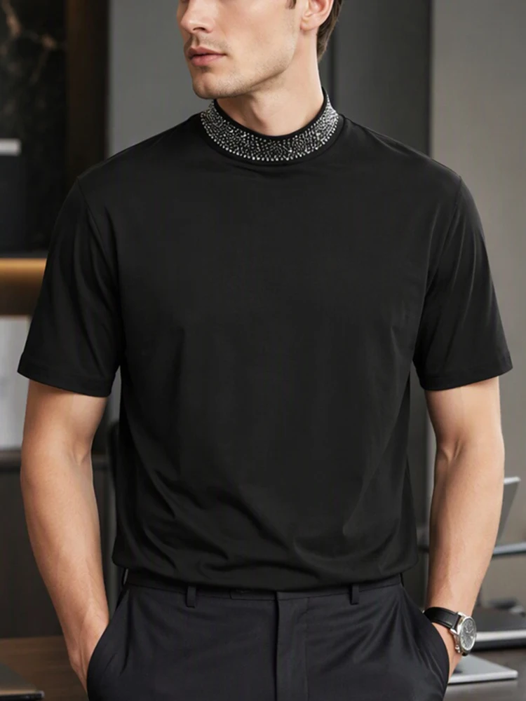 Men's Mock Neck Rhinestone Decor T‑Shirt Elegant Black Slim Short Sleeve Male Tops ForStreet Fashion Casual Party Daily Wear