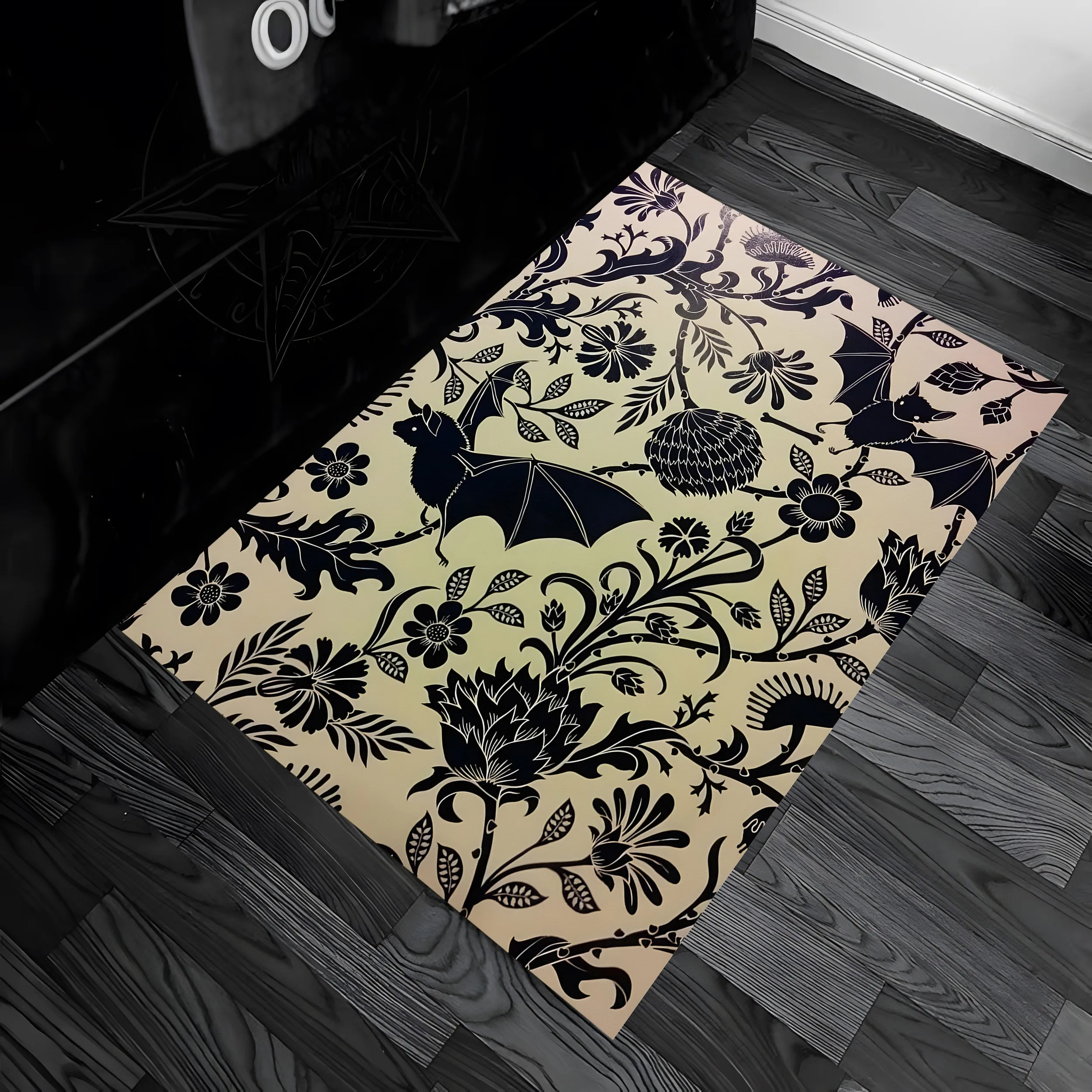 Floral Bat Print Dark Gothic Halloween Velvet Rug for Living Room Entryway Bedroom Mysterious Festive Decor