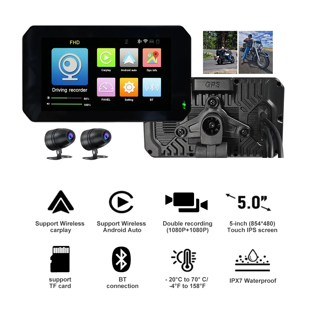 Portable 5 Inch Motorbike Outdoor GPS Navigation Motorcycle Apple CarPlay Android Auto 1080P Front Back DVR Camera