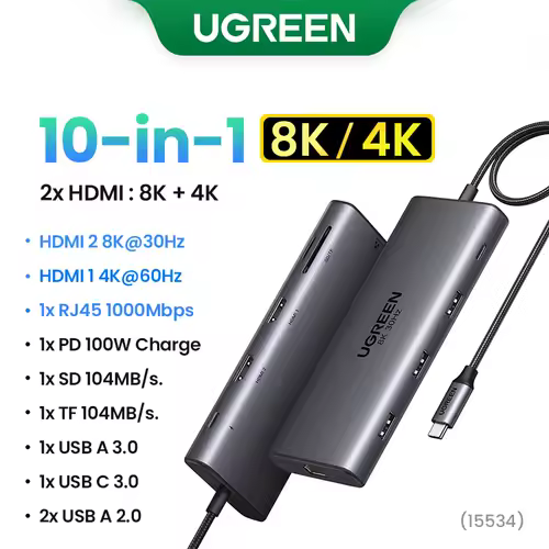 UGREEN Dual HDMI USB-C HUB 8K 4K HDMI Adapter 10 in 1 Splitter with RJ45 USB3.0 PD 100W Dock for MacBook Pro Air Laptop USB HUB - Image 11