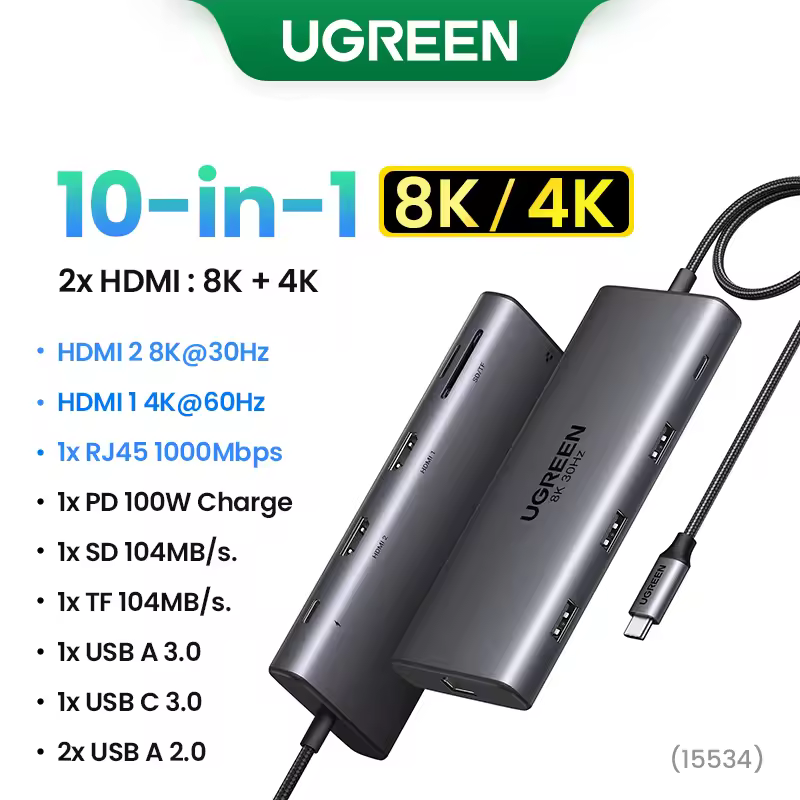 UGREEN Dual HDMI USB-C HUB 8K 4K HDMI Adapter 10 in 1 Splitter with RJ45 USB3.0 PD 100W Dock for MacBook Pro Air Laptop USB HUB - Image 11