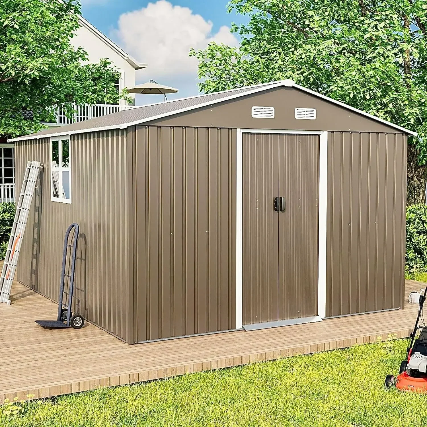 

Bestseller10FT x 8FT Metal Storage Shed, Outdoor Storage Shed with Lockable Slide Doors & 2 Windows, Utility and Tool Shed with