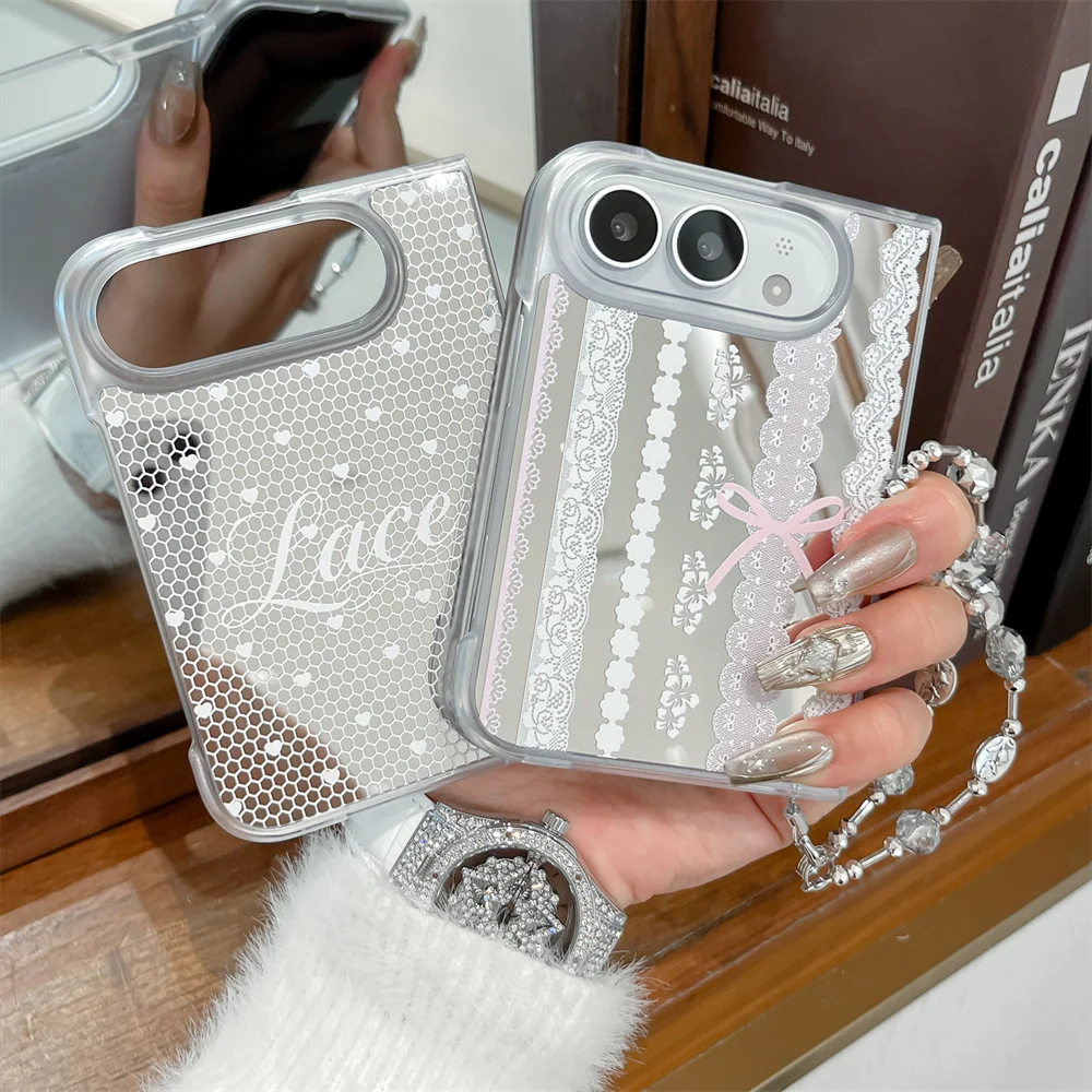 Lace Bow Mirror Phone Case For iPhone Duo Protective With Crystal Bead Chain Pendant Shockproof Makeup Mirror Phone Cover