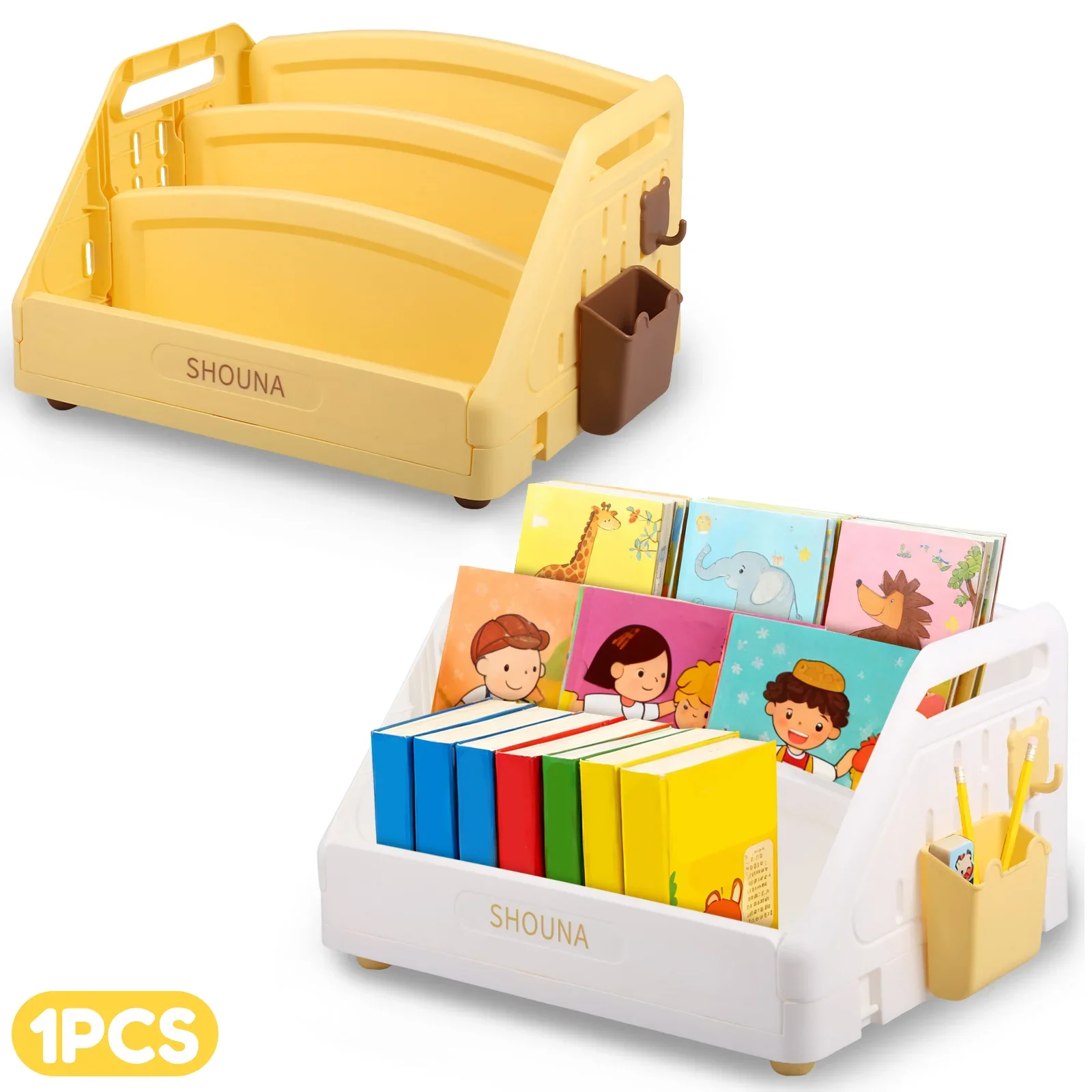 3-stöckiges Kleinkind-Bücherregal aus Kunststoff, Montessori-Bücherregal mit Haken und Hängekorb, Kinder-Buch- und Spielzeug-Aufbewahrungsregal, Schreibtisch-Organizer