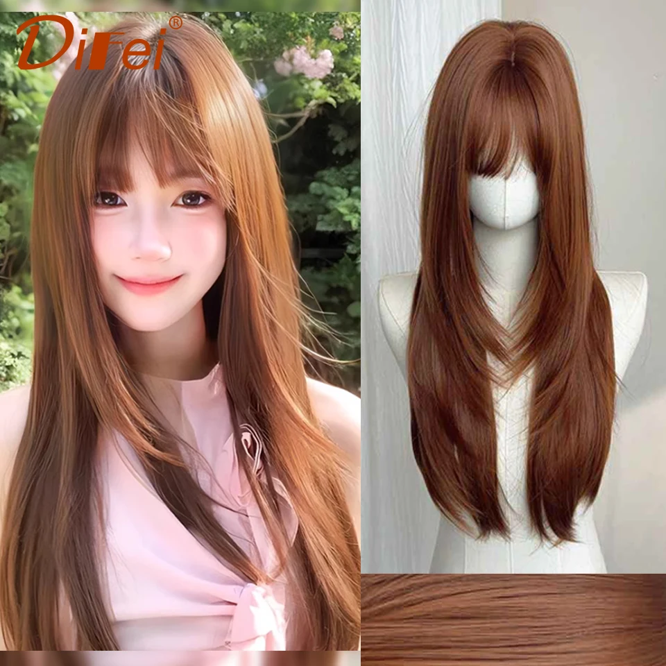 

Orange Brown Straight Synthetic Wig High-Layered Long Straight Wig with Bangs Suitable for Women's Daily Halloween Role Playing