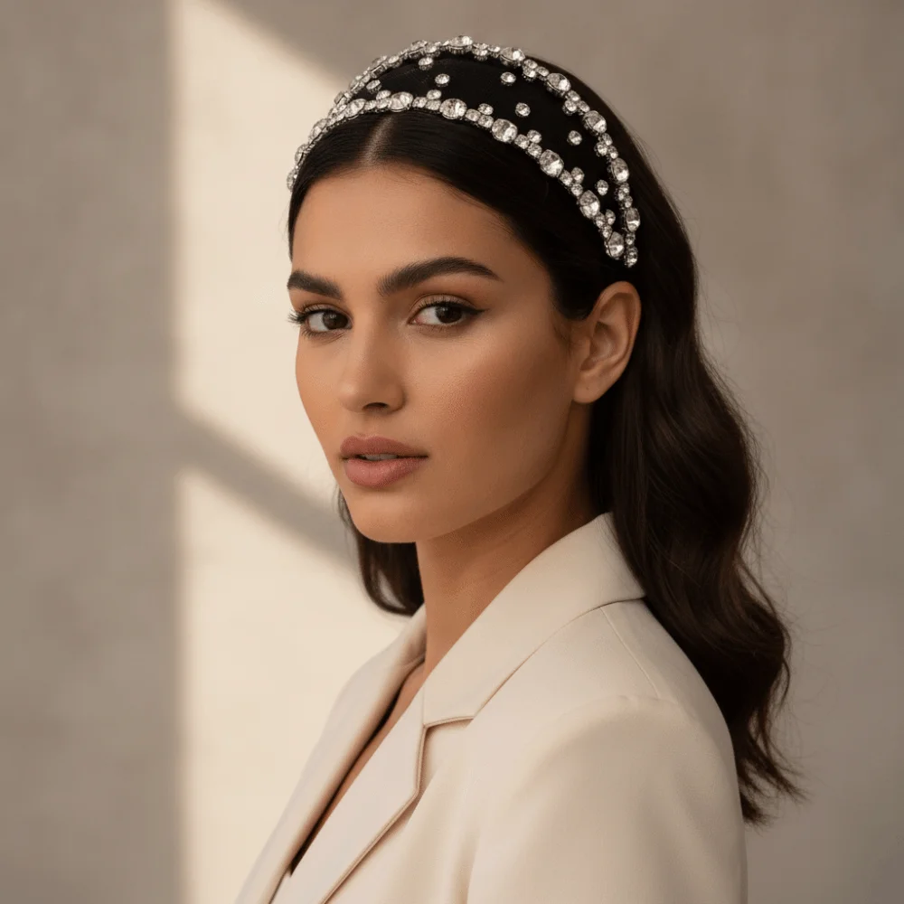 Luxury Wedding Tiara Sparkly Rhinestone Headband Glitzy Transparent Mesh Hair Hoop Wide-brim Handmade Baroque Hairband Bride