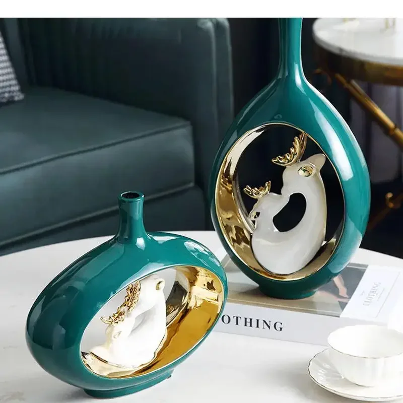 

Ceramic Vase Golden Green Flower Arrangement Handicraft Decoration Modern Home Hollow Out Deer Cartoons Relief#