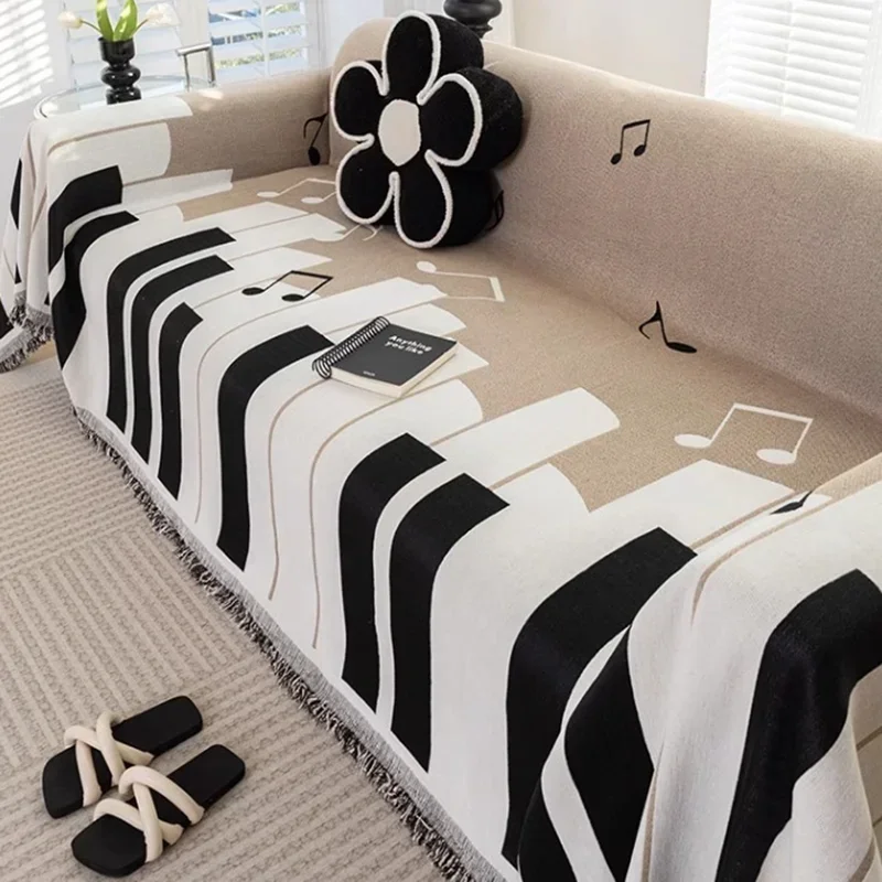 Chenille Piano Pattern Printed Sofa Cover Soft Anti Cat Scratch Dust Cover for All Seasons Double Face Usable Fringed Sofa Pad