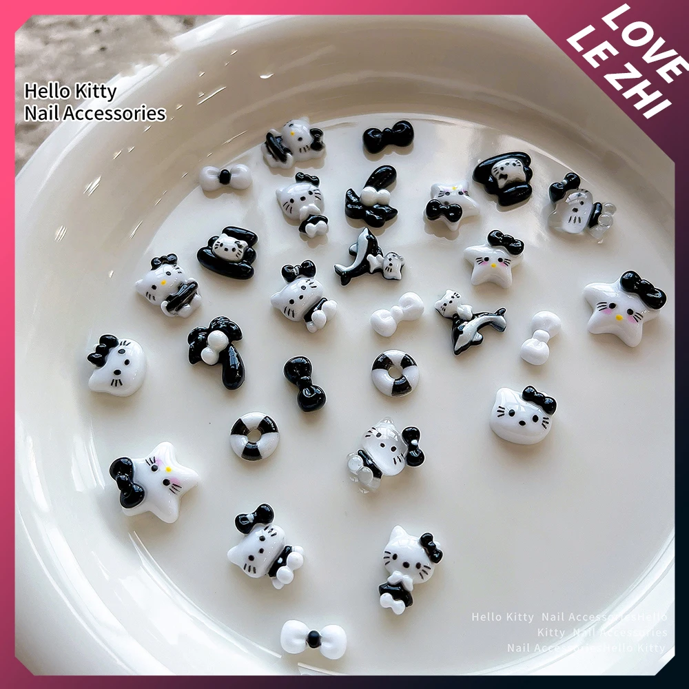 20Pcs Hawaiian Black Skin Hello Kitty Nail Art Accessories Party Sticker Cartoon Resin Nails Attachment Diy Party Supplies