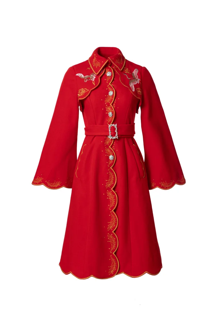 Europe and the United States women's 2024 winter new Flared sleeve long sleeve lapel red embroidery fashion belt Woolen coat XXL