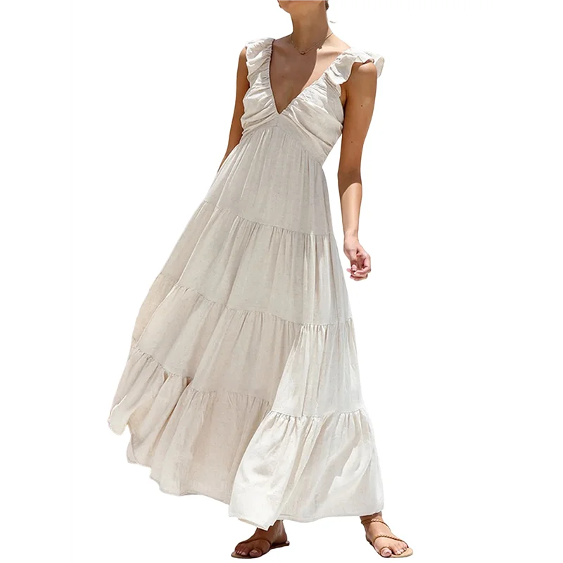 AG-Abito lungo fluido estivo da donna, casual, senza maniche, con scollo a V, smock, prendisole da spiaggia