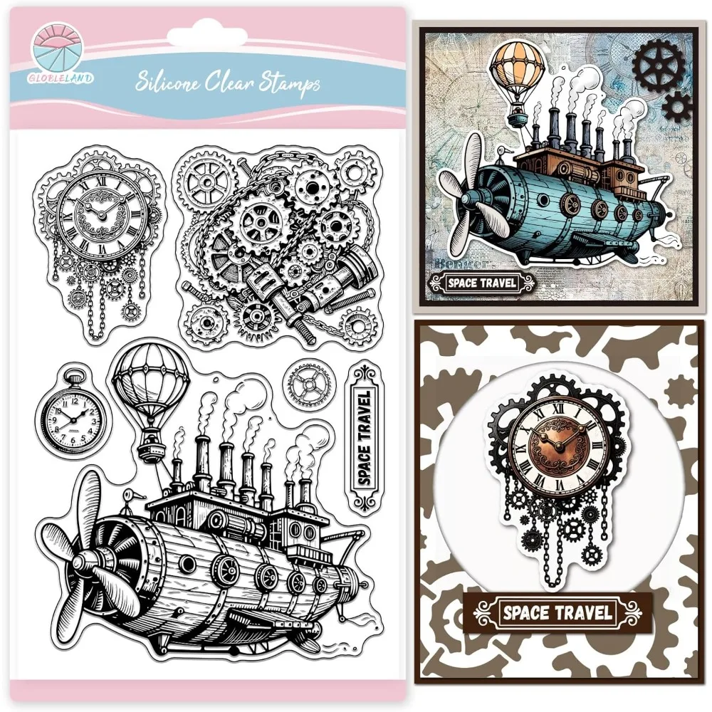 1PC Vintage Steampunk Spaceship Gears Clear Stamps Mechanical Clock Transparent Stamps Hot Air Balloon Stamp