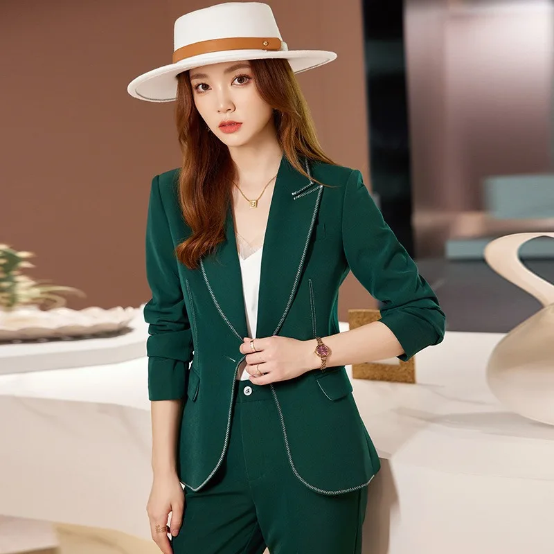 Insozkdg Black Office Two Piece Set Pants Women Trouser Suit Womens 2-Set Green Professional Outfit Blazer + Straight Leg Pants