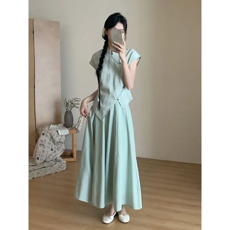 

Chinese Elegant Skirt Irregular Set Flying Sleeve Tight Shirt Women High-waisted Pleated Long Skirt Summer Retro Two Pieces Set