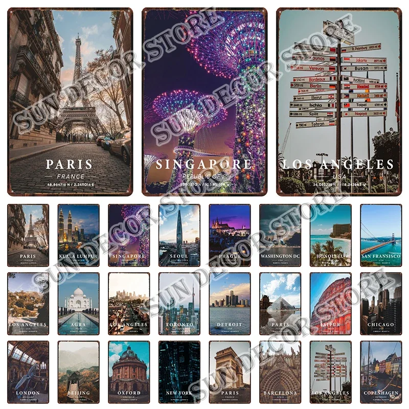 Póster de cartel de Metal Retro de ciudad de Singapur, París, Jaipur, Chicago, famosa ciudad de estilo nórdico, imagen artística de pared, decoración del hogar, regalo, A-1340