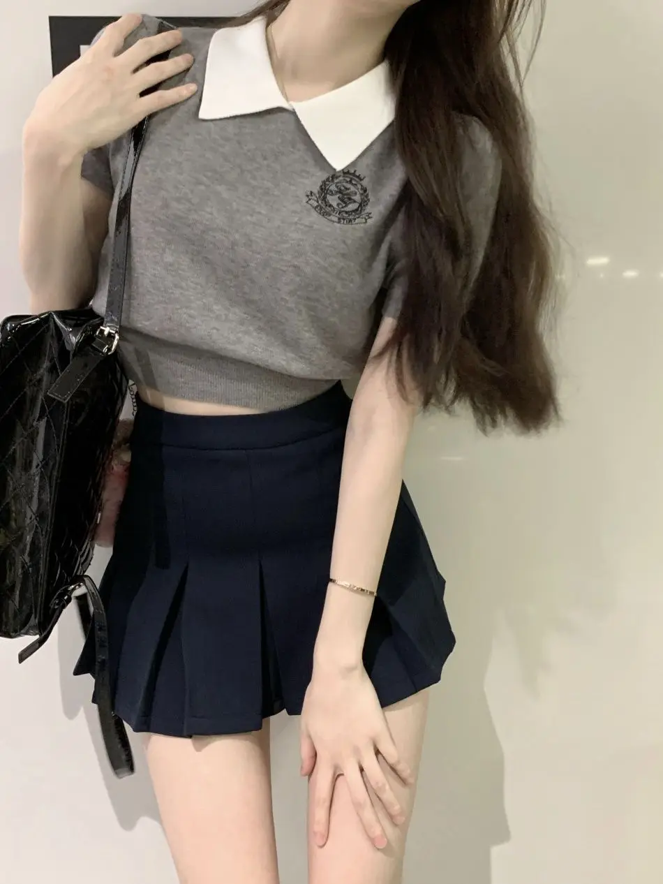 Sweet Girl Knitting Short Sleeved T-shirt Women Clothing Slim Short High Waisted Academic Tops Lapel Collar Solid Embroidery