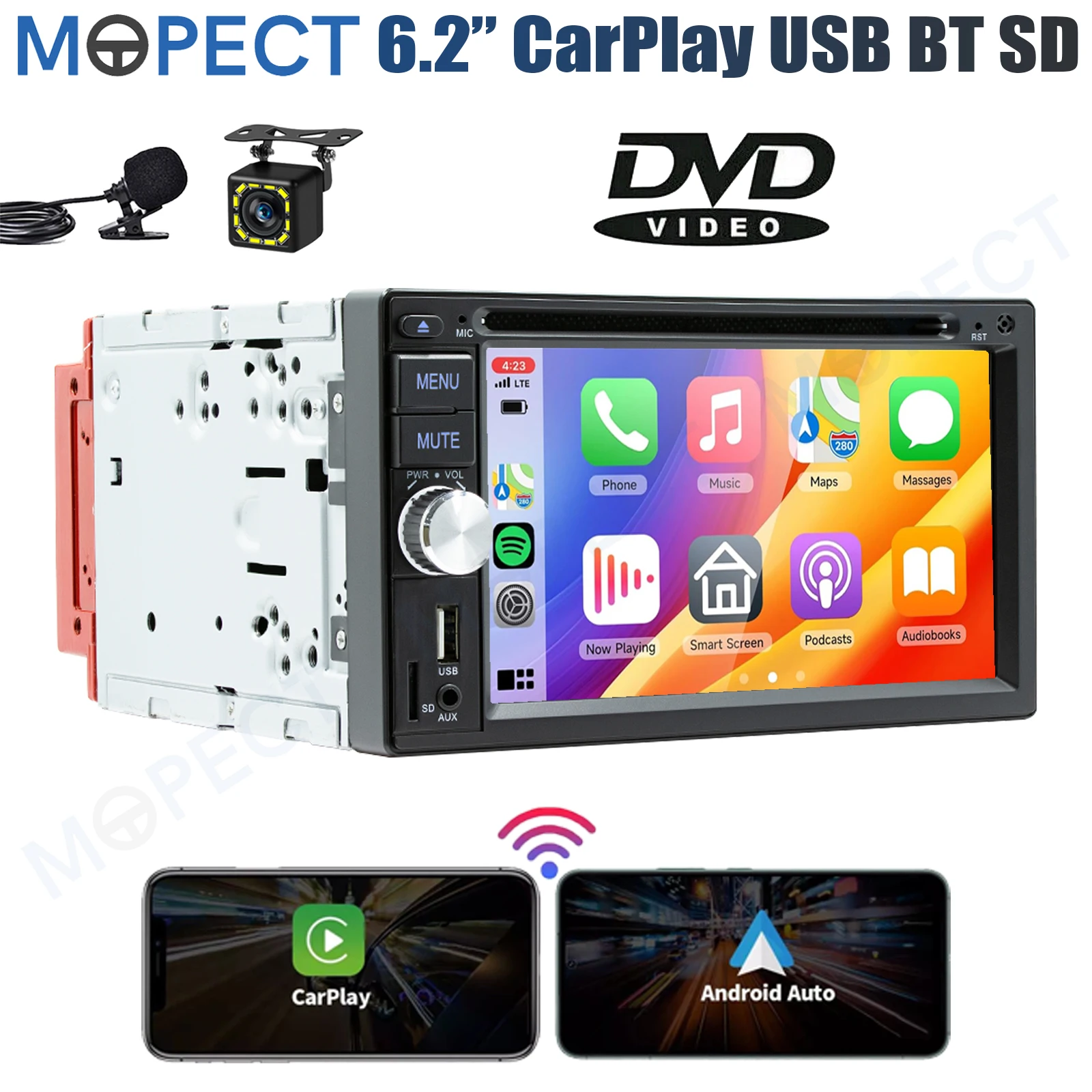 Autoradio MOPECT 6,2 pouces DVD/CD double 2DIN avec Apple CarPlay, écran tactile, FM/AM/RDS, Bluetooth, SD, USB, SWC + MIC et caméra