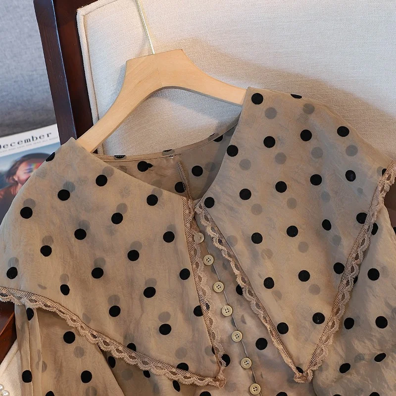 Short Puff Sleeve Doll Collar Chiffon Polka Dot Shirt Women Vintage Blouse Blusas Mujer Spring Perspective Elegant Tops