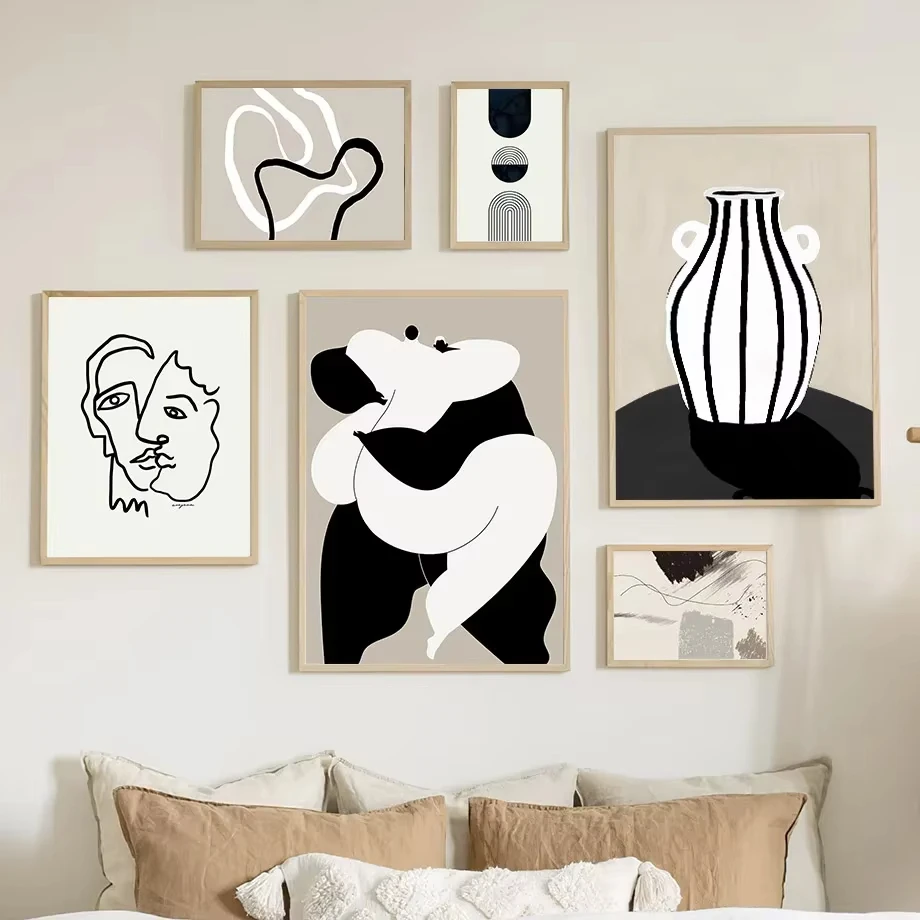 Abstract Minimalist Line Art Poster Vase, Human Figure, and Stripes on a Frameless Canvas Print for Home Decor in Living Room